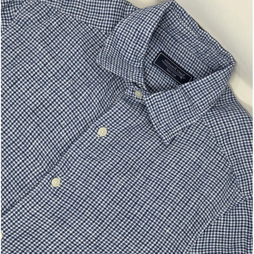 Vineyard Vines 100% Linen Tattersall Mens Small Button Up Shirt Blue Plaid Check
